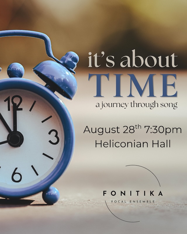 It's About Time, a journey through song. The concert takes place on August 28, 2026, 7:30pm at Heliconian Hall in Toronto.